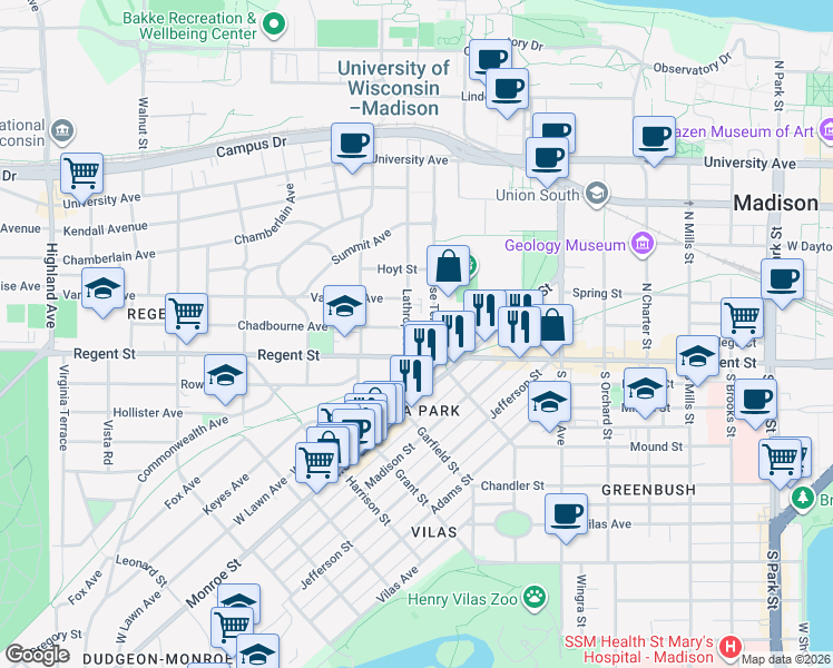 map of restaurants, bars, coffee shops, grocery stores, and more near 1611 Chadbourne Avenue in Madison