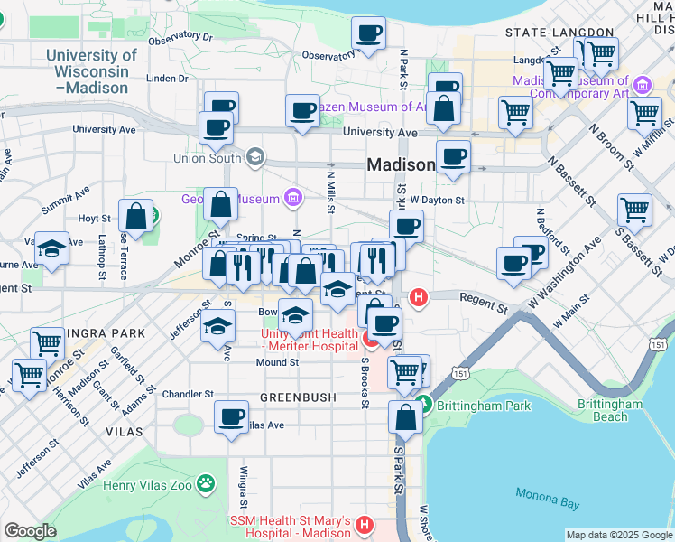 map of restaurants, bars, coffee shops, grocery stores, and more near 23 North Mills Street in Madison
