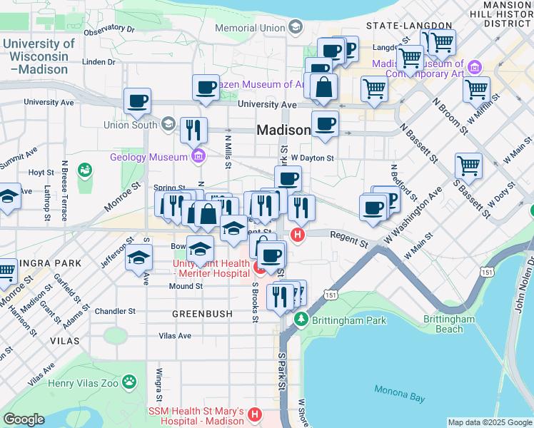 map of restaurants, bars, coffee shops, grocery stores, and more near 921 Fahrenbrook Court in Madison