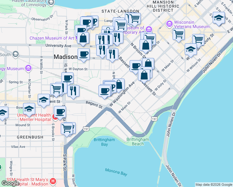 map of restaurants, bars, coffee shops, grocery stores, and more near 640 West Washington Avenue in Madison