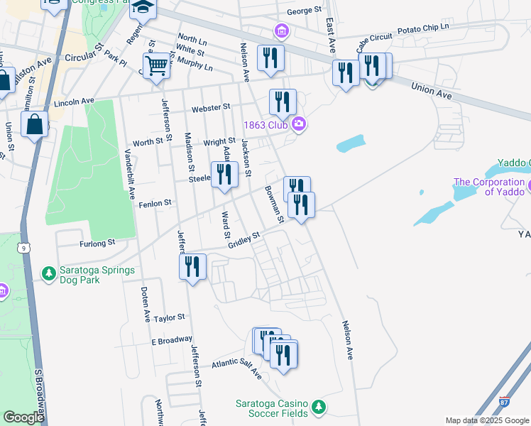 map of restaurants, bars, coffee shops, grocery stores, and more near 21 Gridley Street in Saratoga Springs