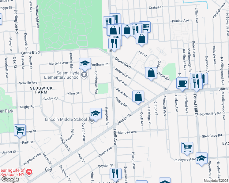 map of restaurants, bars, coffee shops, grocery stores, and more near 124 Rugby Road in Syracuse
