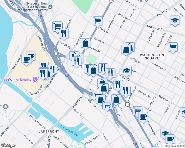 map of restaurants, bars, coffee shops, grocery stores, and more near in Syracuse