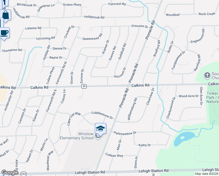 map of restaurants, bars, coffee shops, grocery stores, and more near 1227 Calkins Road in Rochester
