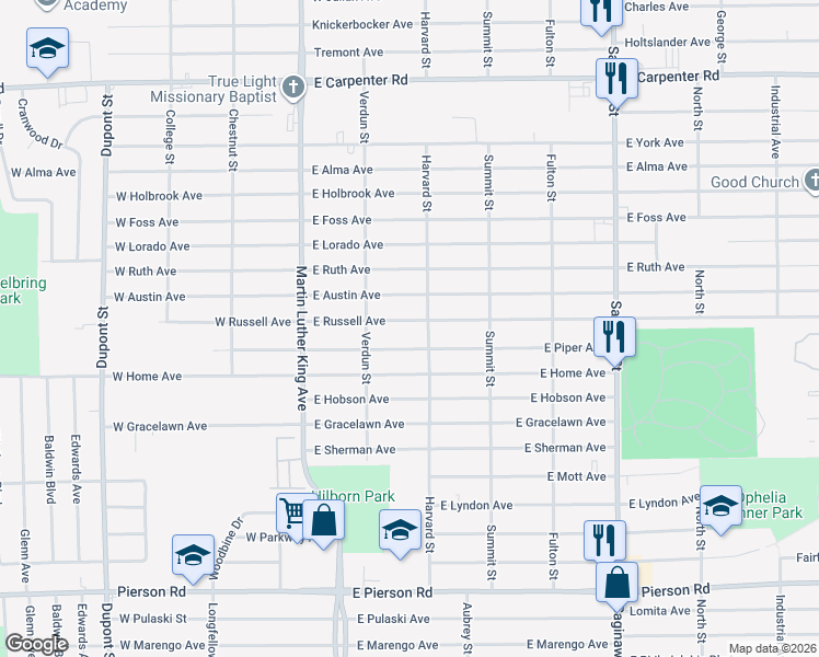 map of restaurants, bars, coffee shops, grocery stores, and more near 257 East Piper Avenue in Flint