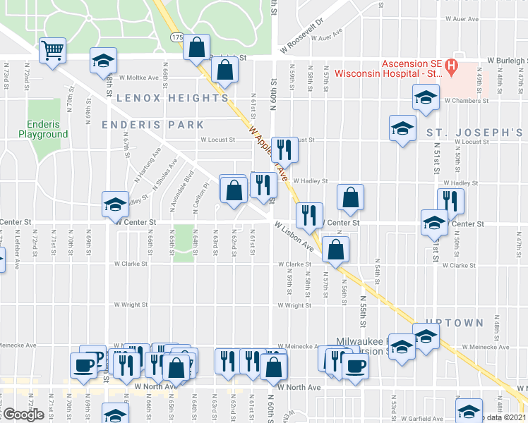 map of restaurants, bars, coffee shops, grocery stores, and more near 6031 West Center Street in Milwaukee