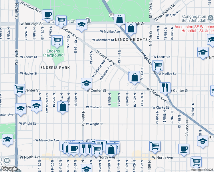 map of restaurants, bars, coffee shops, grocery stores, and more near 6520 West Center Street in Milwaukee
