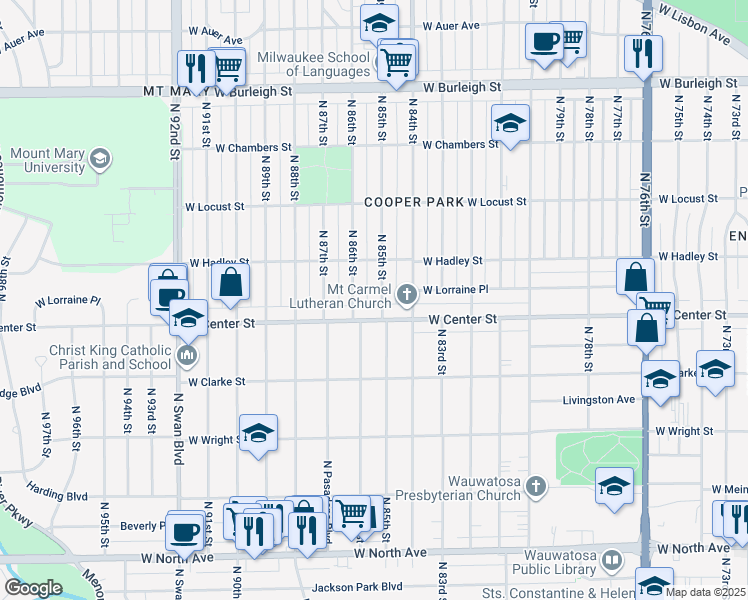 map of restaurants, bars, coffee shops, grocery stores, and more near 8424 West Center Street in Milwaukee