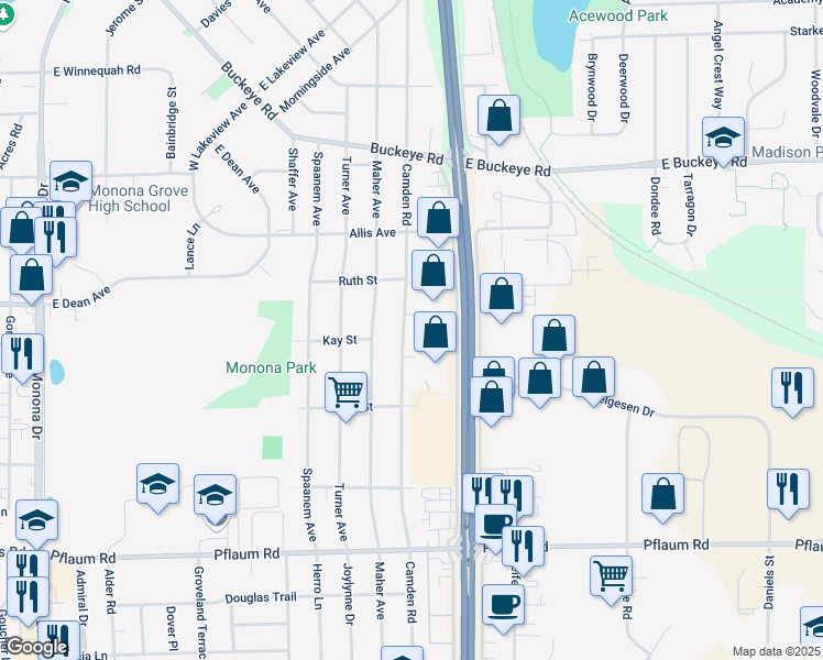map of restaurants, bars, coffee shops, grocery stores, and more near 5000 Camden Road in Madison