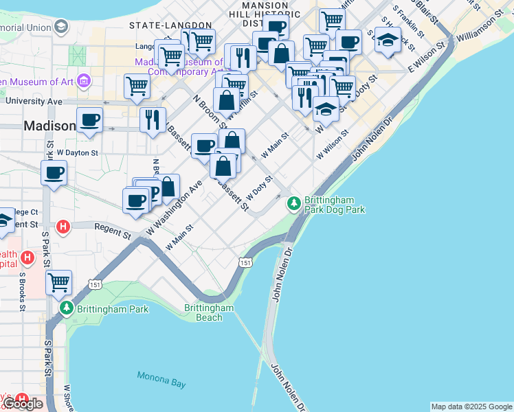 map of restaurants, bars, coffee shops, grocery stores, and more near in Madison