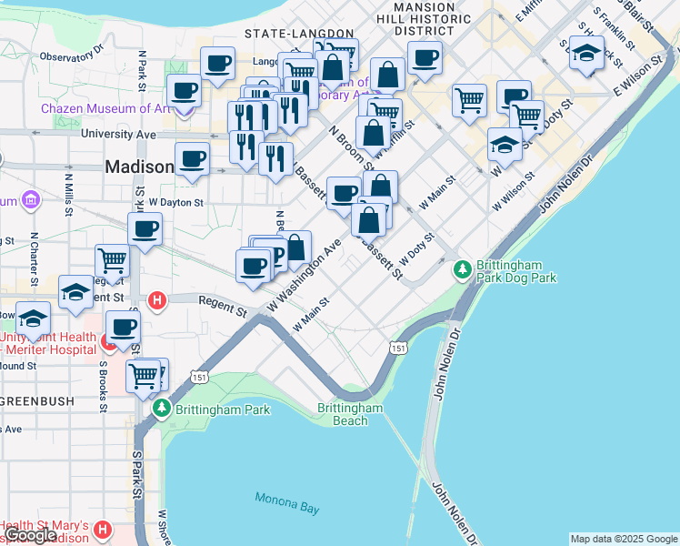 map of restaurants, bars, coffee shops, grocery stores, and more near 551 West Main Street in Madison