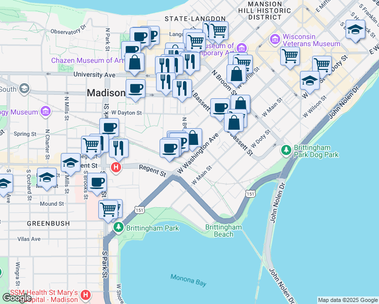 map of restaurants, bars, coffee shops, grocery stores, and more near 640 West Washington Avenue in Madison