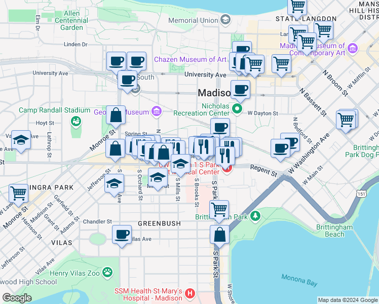 map of restaurants, bars, coffee shops, grocery stores, and more near 1020 Regent Street in Madison