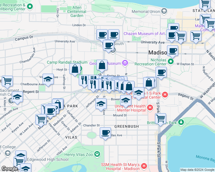 map of restaurants, bars, coffee shops, grocery stores, and more near 1352 Regency Lane in Madison