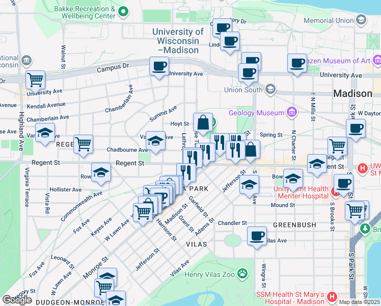 map of restaurants, bars, coffee shops, grocery stores, and more near in Madison