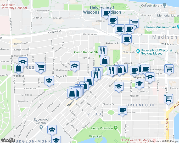 map of restaurants, bars, coffee shops, grocery stores, and more near in Madison