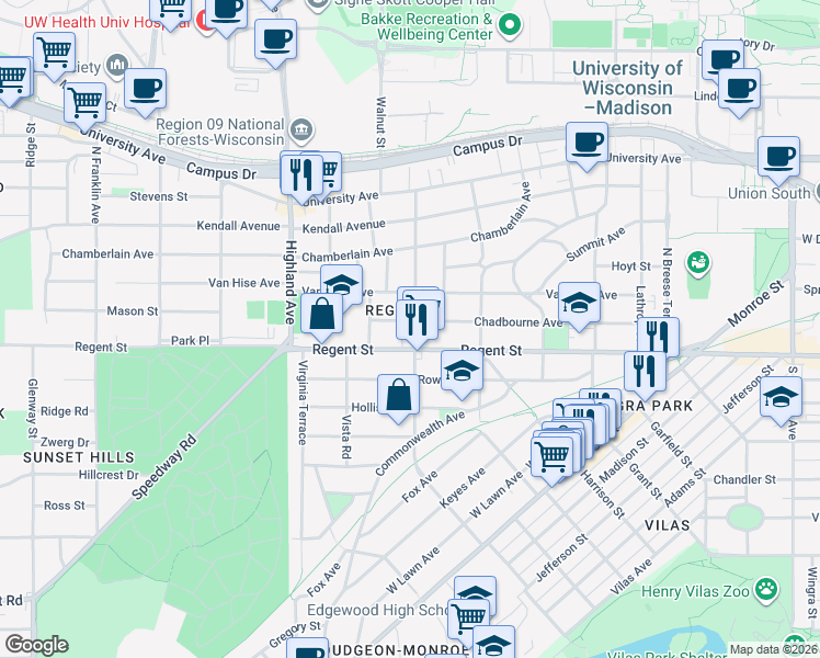 map of restaurants, bars, coffee shops, grocery stores, and more near in Madison