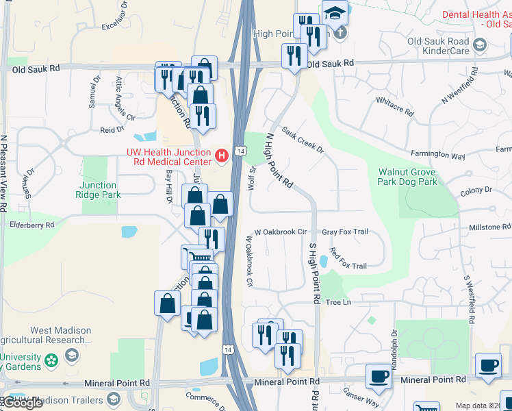 map of restaurants, bars, coffee shops, grocery stores, and more near 106 Wolf Street in Madison