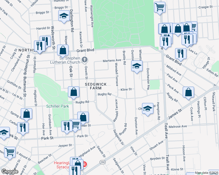 map of restaurants, bars, coffee shops, grocery stores, and more near 618 Rugby Road in Syracuse