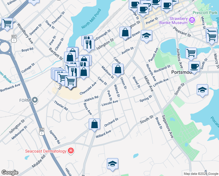map of restaurants, bars, coffee shops, grocery stores, and more near 599 Middle Street in Portsmouth