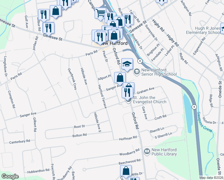 map of restaurants, bars, coffee shops, grocery stores, and more near 4 Tisdale Avenue in New Hartford