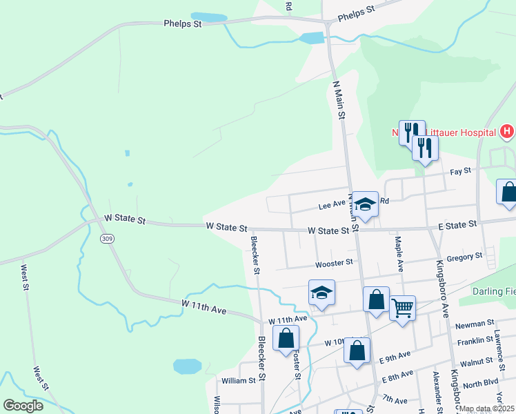 map of restaurants, bars, coffee shops, grocery stores, and more near Santos Drive in Gloversville