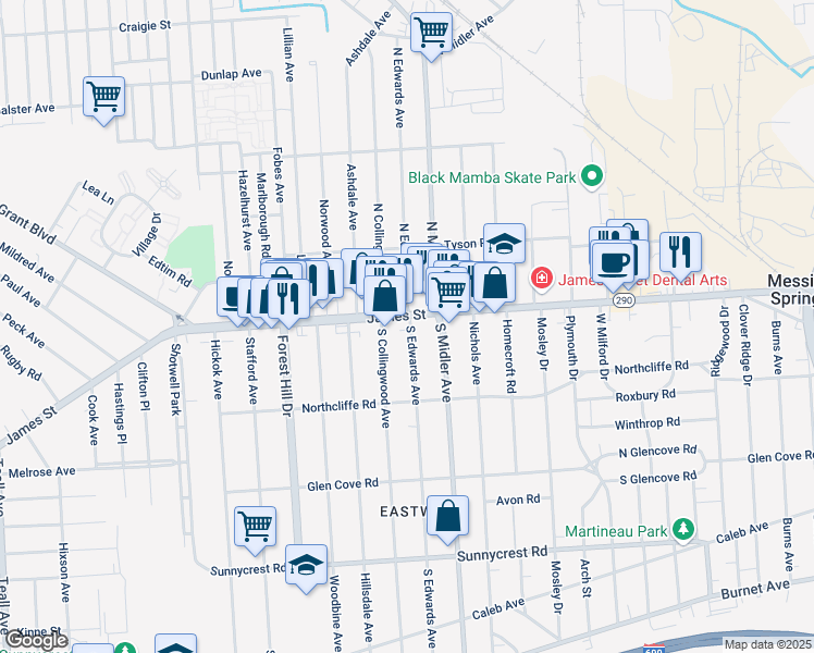map of restaurants, bars, coffee shops, grocery stores, and more near 2872 James Street in Syracuse