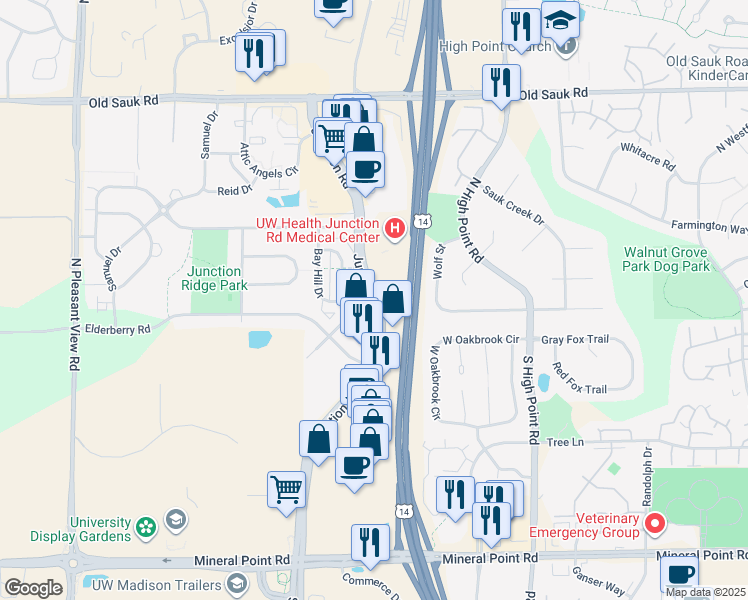 map of restaurants, bars, coffee shops, grocery stores, and more near 376 Junction Road in Madison