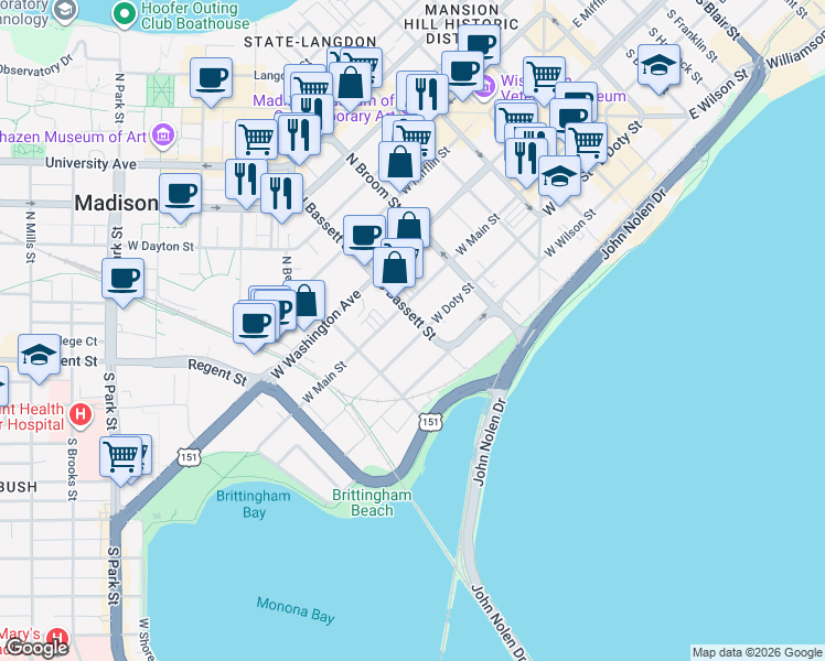 map of restaurants, bars, coffee shops, grocery stores, and more near 524 West Doty Street in Madison