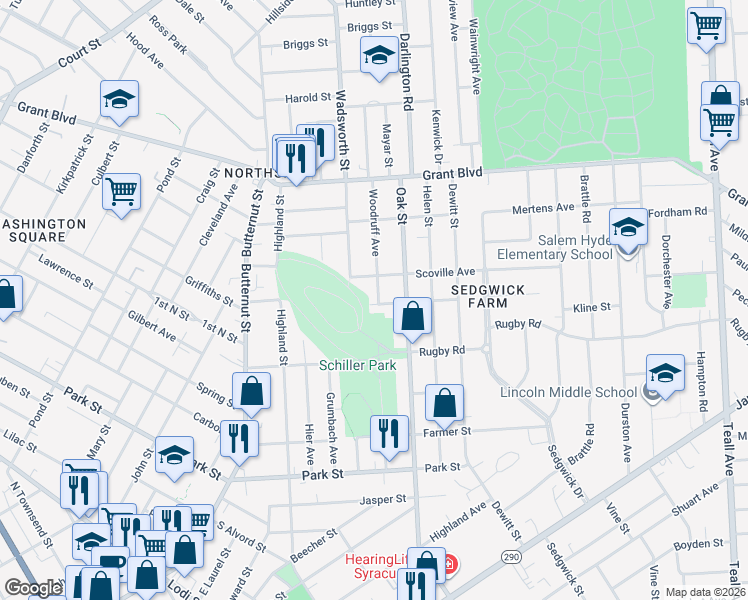 map of restaurants, bars, coffee shops, grocery stores, and more near 100 Elsner Street in Syracuse