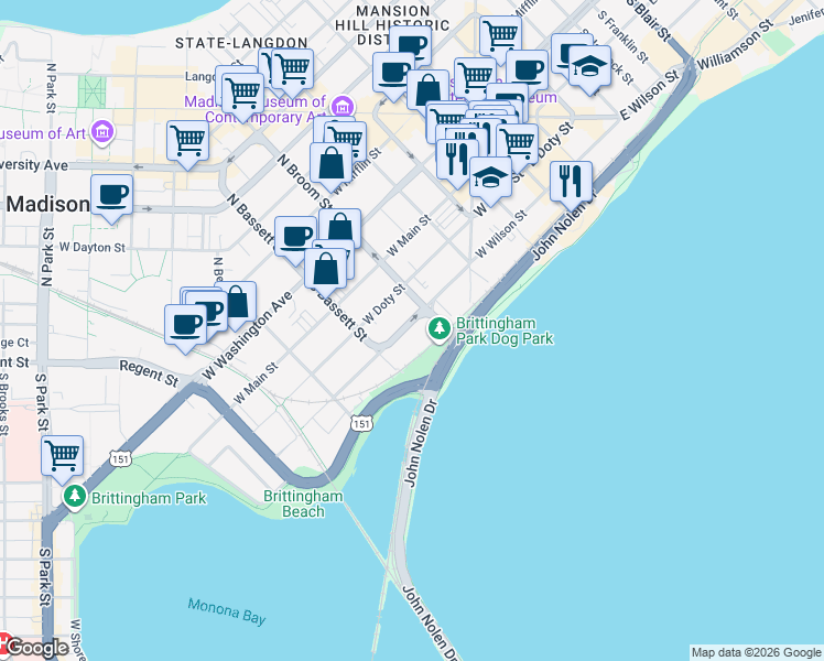 map of restaurants, bars, coffee shops, grocery stores, and more near 421 West Wilson Street in Madison