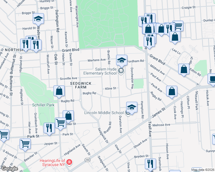 map of restaurants, bars, coffee shops, grocery stores, and more near 210 Wendell Terrace in Syracuse