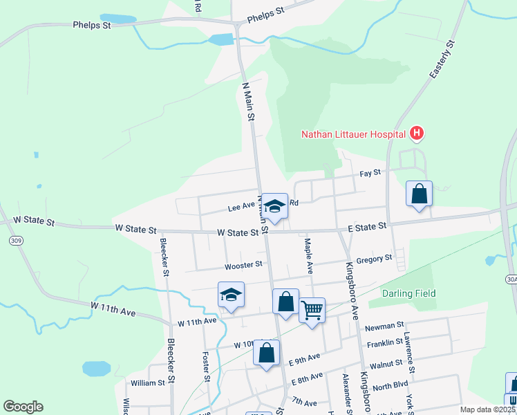 map of restaurants, bars, coffee shops, grocery stores, and more near 461 North Main Street in Gloversville