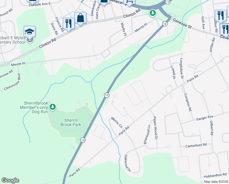 map of restaurants, bars, coffee shops, grocery stores, and more near 27 Eagle Ridge Drive in New Hartford