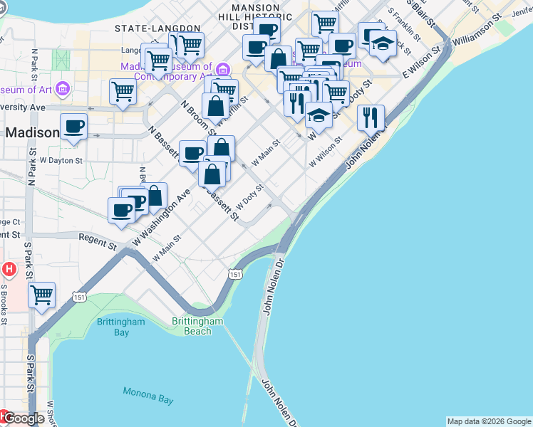 map of restaurants, bars, coffee shops, grocery stores, and more near 419 West Wilson Street in Madison