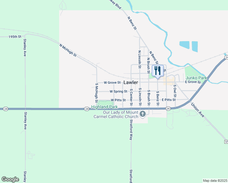 map of restaurants, bars, coffee shops, grocery stores, and more near 200 South Brown Street in Lawler