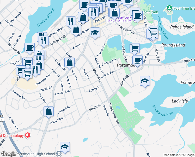 map of restaurants, bars, coffee shops, grocery stores, and more near 260 Miller Avenue in Portsmouth