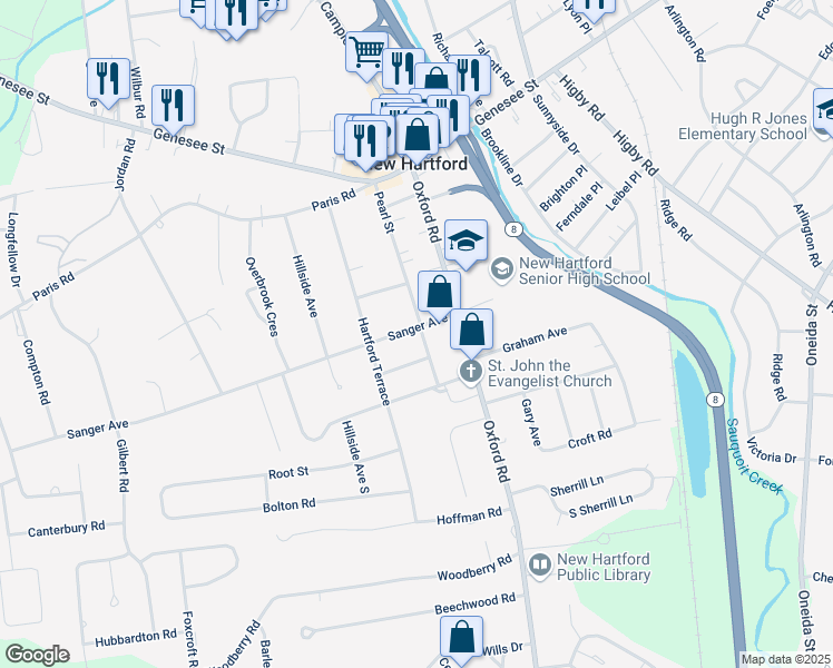 map of restaurants, bars, coffee shops, grocery stores, and more near 4 Tisdale Avenue in New Hartford