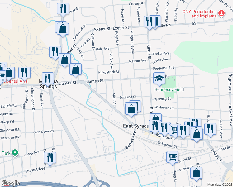 map of restaurants, bars, coffee shops, grocery stores, and more near 112 Allen Street in East Syracuse
