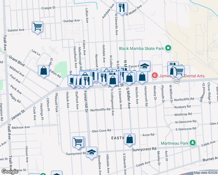 map of restaurants, bars, coffee shops, grocery stores, and more near 125 Hillsdale Avenue in Syracuse