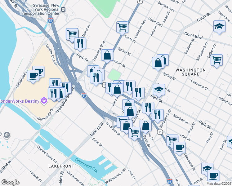 map of restaurants, bars, coffee shops, grocery stores, and more near in Syracuse