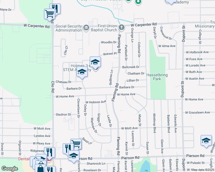 map of restaurants, bars, coffee shops, grocery stores, and more near 1618 West Home Avenue in Flint