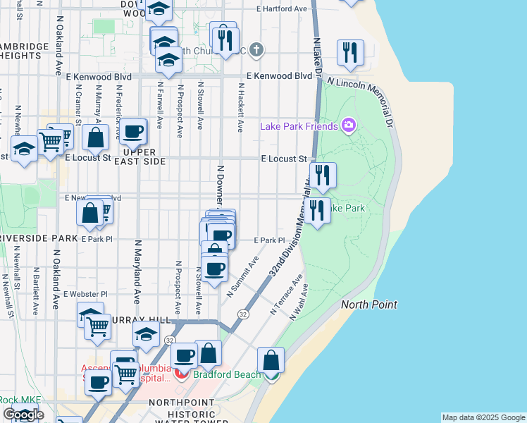 map of restaurants, bars, coffee shops, grocery stores, and more near 2729 North Summit Avenue in Milwaukee
