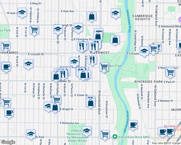 map of restaurants, bars, coffee shops, grocery stores, and more near 2718-2720 North Bremen Street in Milwaukee