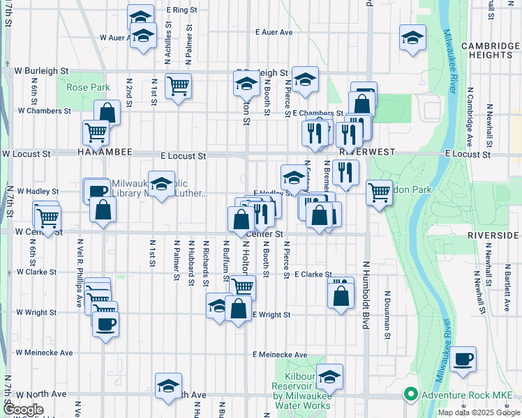 map of restaurants, bars, coffee shops, grocery stores, and more near 2723 North Booth Street in Milwaukee