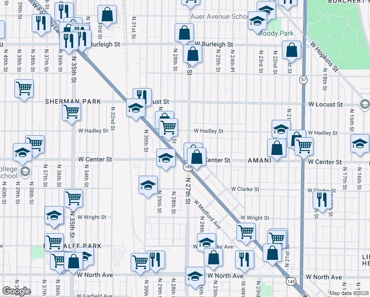 map of restaurants, bars, coffee shops, grocery stores, and more near 2708 West Center Street in Milwaukee