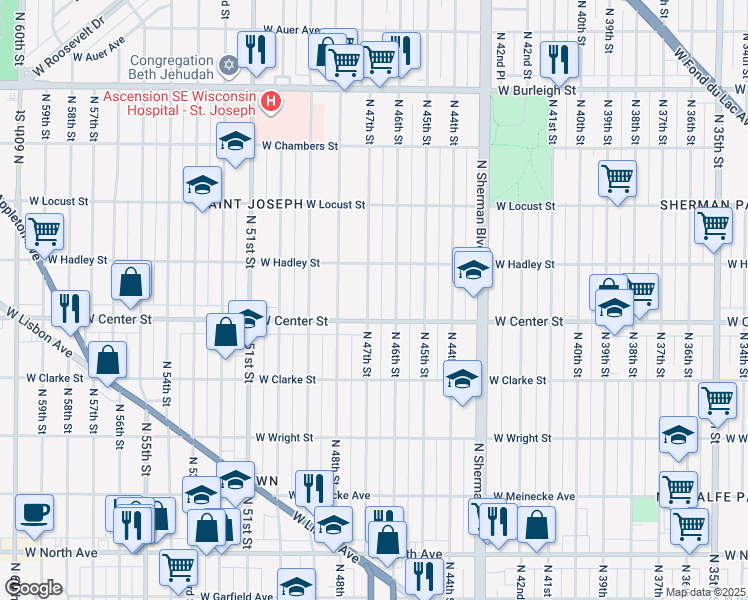 map of restaurants, bars, coffee shops, grocery stores, and more near 4630 West Center Street in Milwaukee