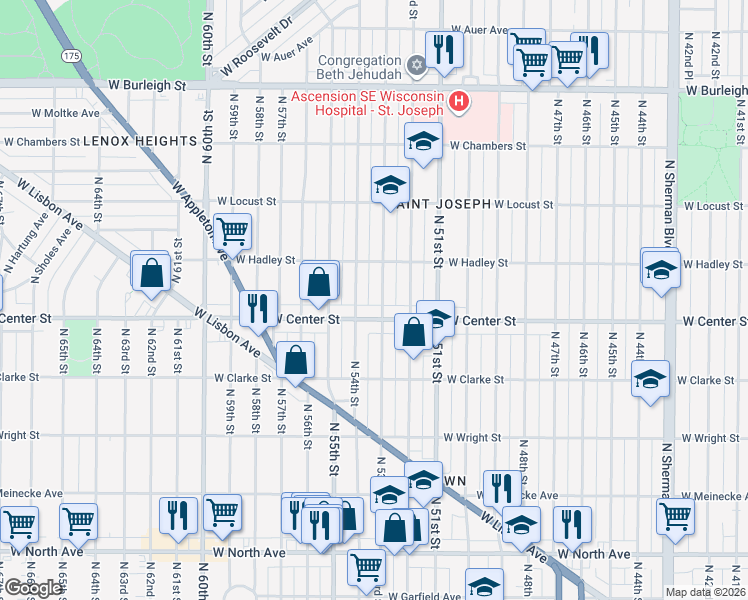 map of restaurants, bars, coffee shops, grocery stores, and more near 5226 West Center Street in Milwaukee