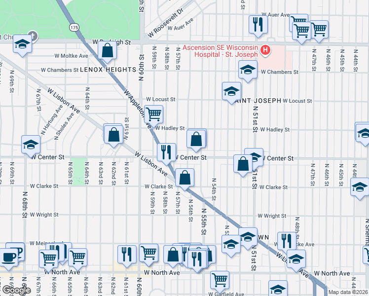 map of restaurants, bars, coffee shops, grocery stores, and more near 5622 West Center Street in Milwaukee