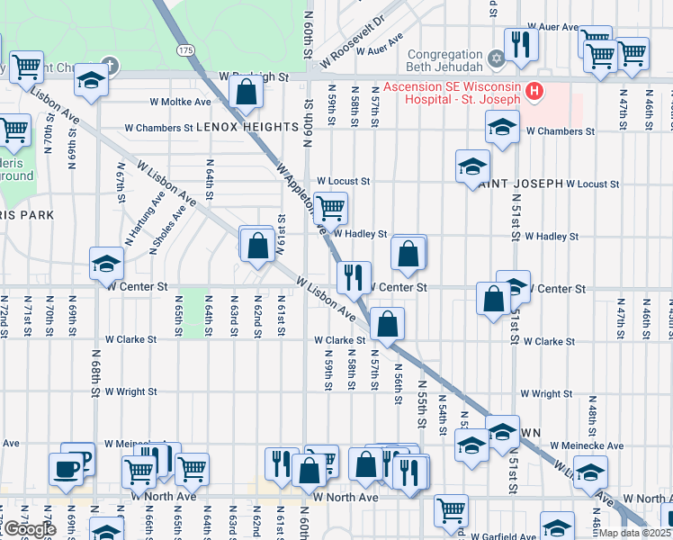 map of restaurants, bars, coffee shops, grocery stores, and more near 5724 West Center Street in Milwaukee